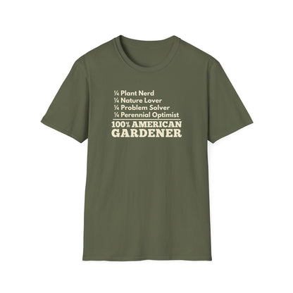 100% American Gardener – Plant Nerd, Nature Lover, Problem Solver, Perennial Optimist T-Shirt